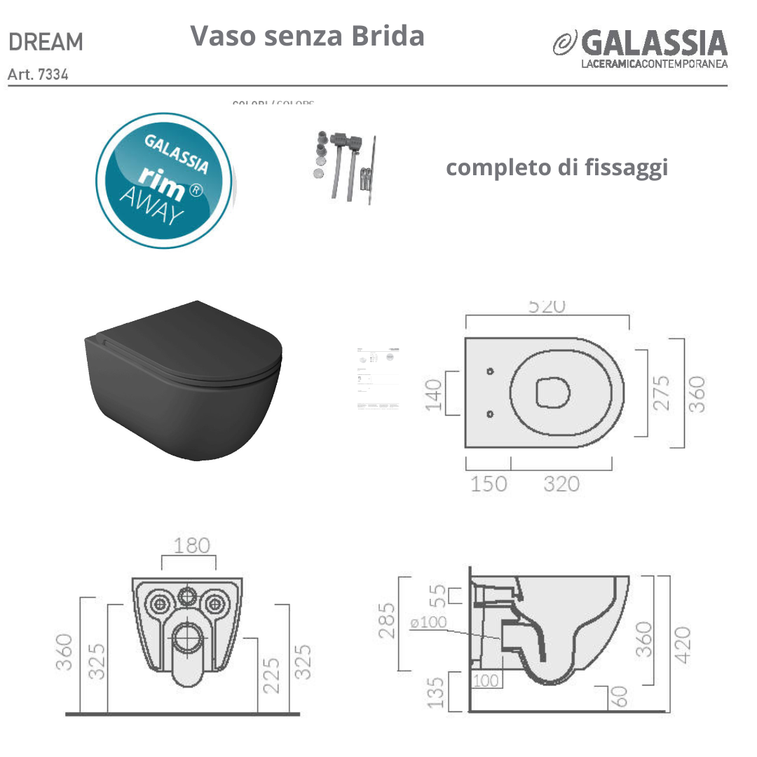 Sanitari sospesi Nero Satinato Dream vaso senza brida Ceramica Galassia
