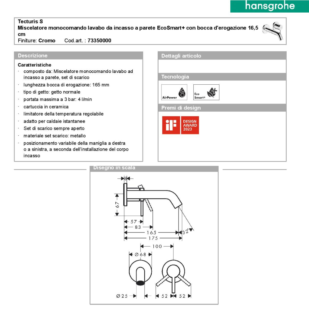 Hansgrohe Tecturis S Miscelatore monocomando lavabo da incasso a parete EcoSmart+ con bocca d'erogazione 16,5 cm
