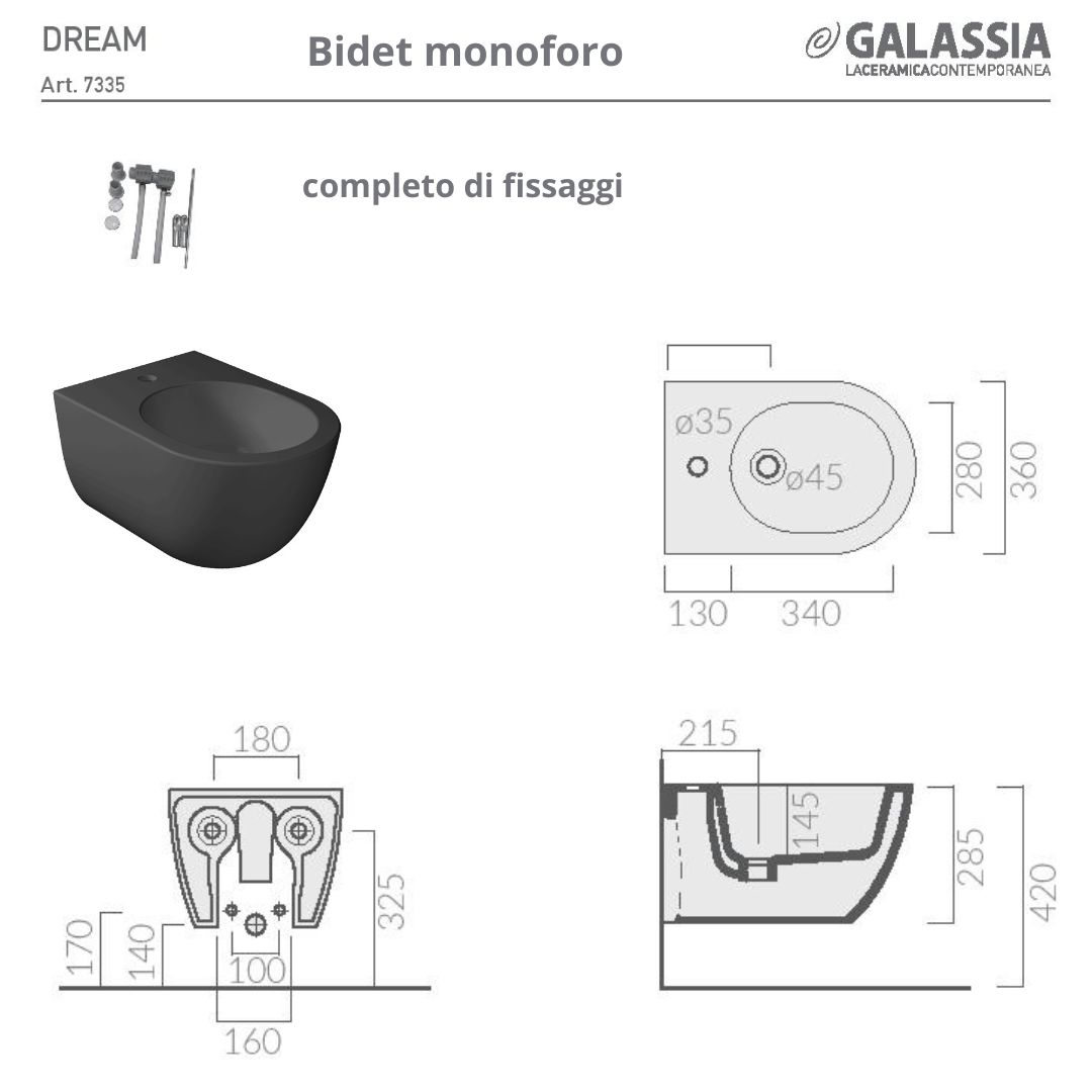 Sanitari sospesi Nero Satinato Dream vaso senza brida Ceramica Galassia