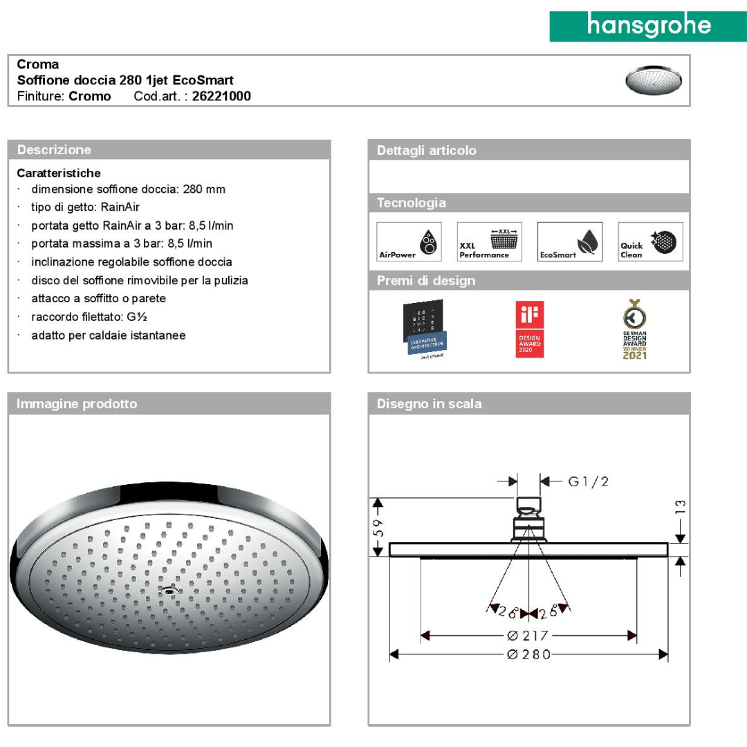 Hansgrohe soffione Croma 100 ø 280 con braccio presa acqua flessibile e doccetta