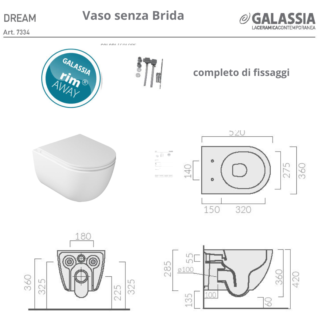 Sanitari sospesi Bianco matt Dream vaso senza brida Ceramica Galassia