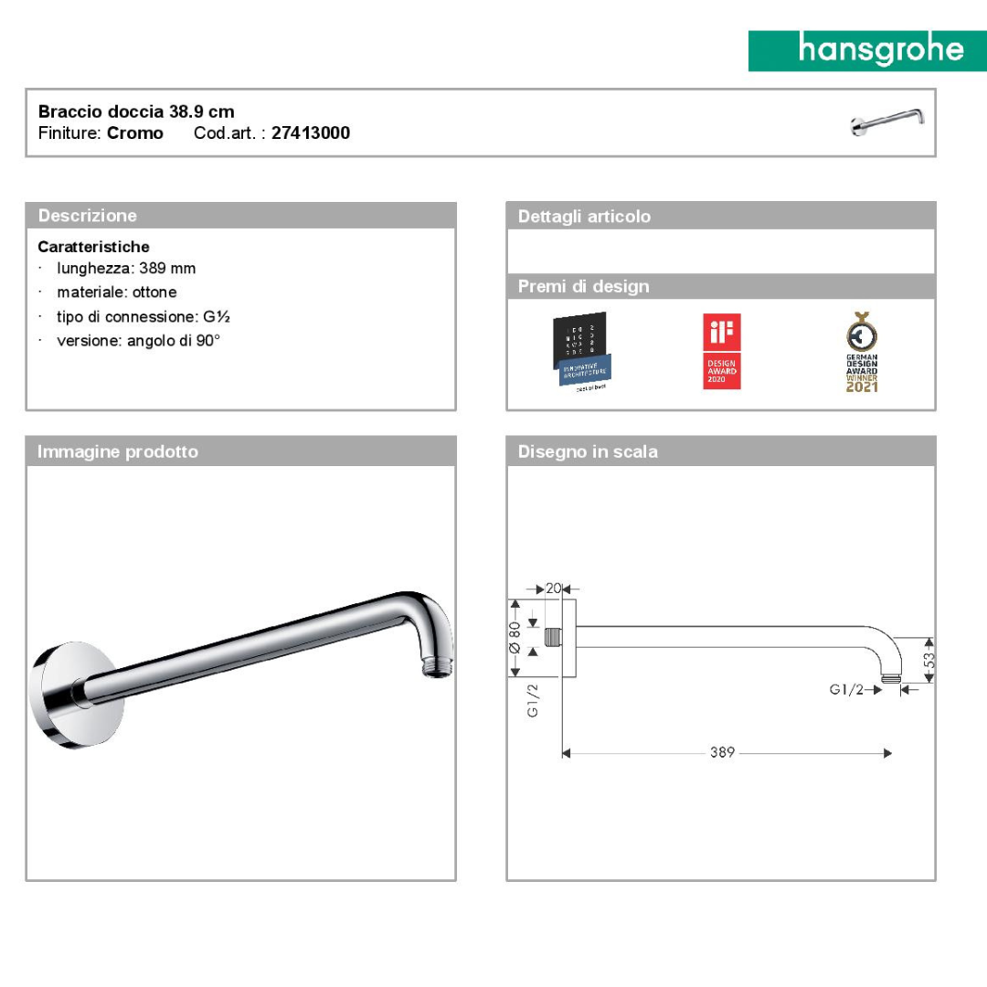 Hansgrohe soffione Croma 100 ø 280 con braccio presa acqua flessibile e doccetta