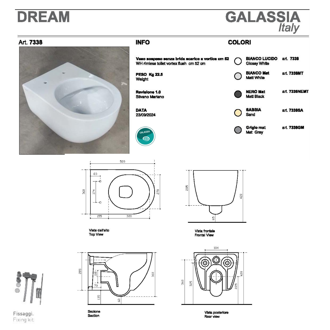 Sanitari sospesi Galassia Dream 52 vaso scarico VORTICE copri vaso bidet bianco lucido