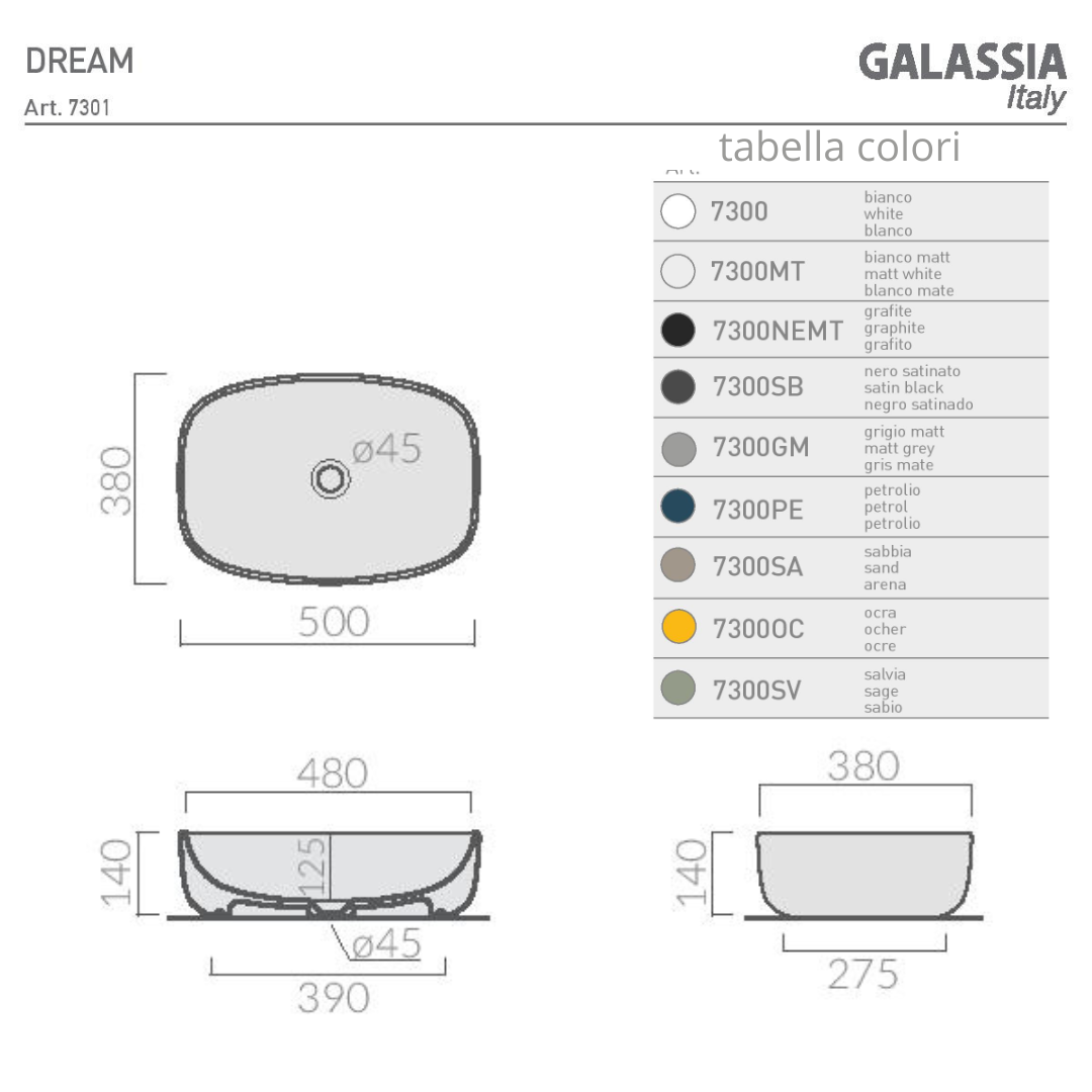 Lavabo da appoggio Sabbia 50x38 cm. Senza foro troppo pieno. DREAM Galassia