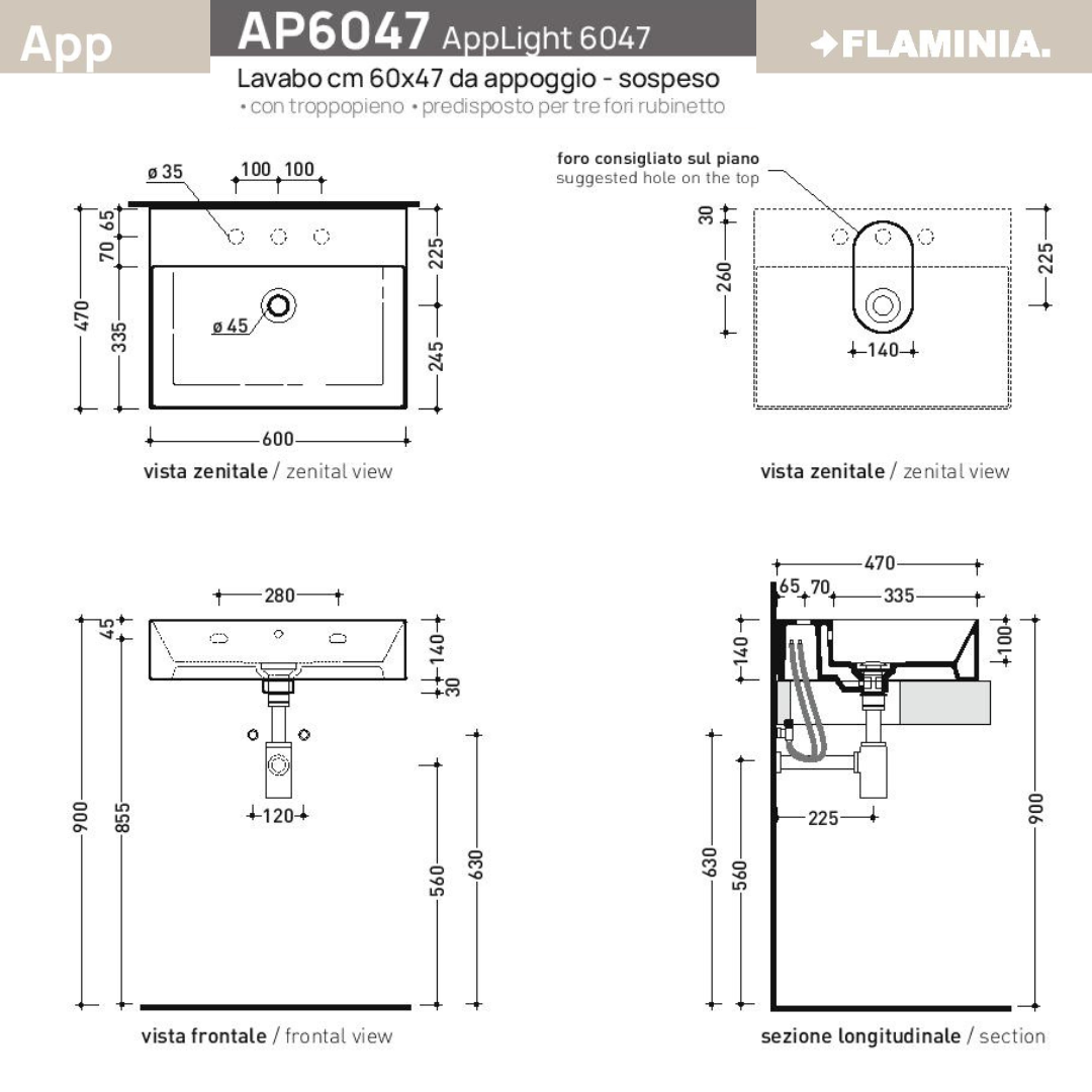 Lavabo in ceramica da appoggio / sospeso MENTA opaco APP Flaminia