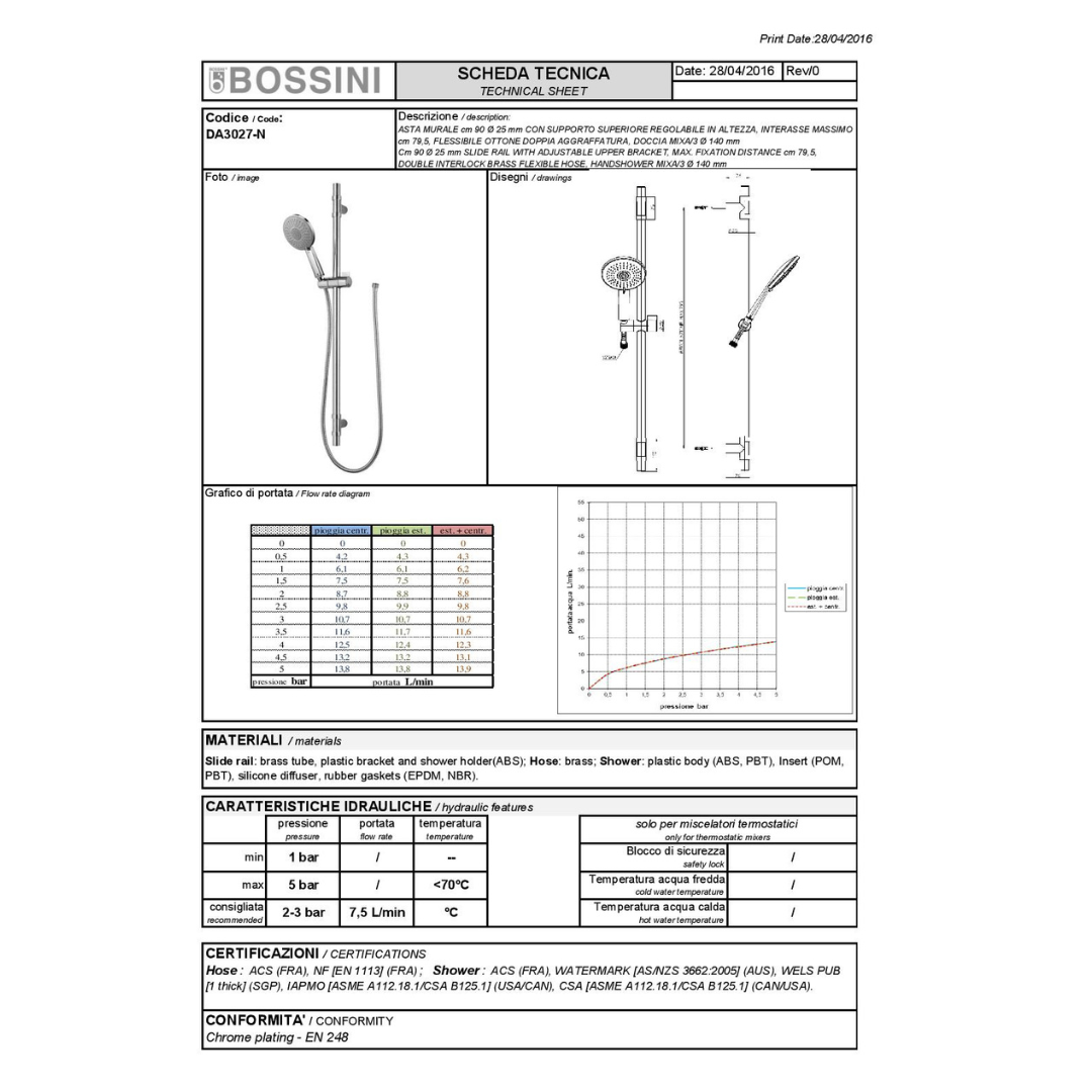 Bossini asta saliscendi ottone cm 95 x Ø 25 mm doccia MIXA/3 Ø 110 mm 3 getti