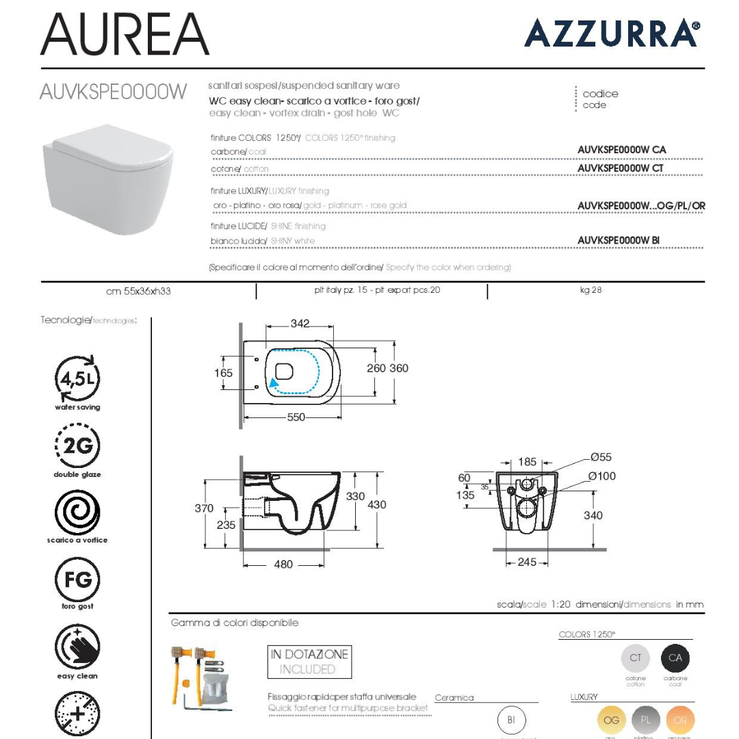Sanitari sospesi Azzurra Aurea vaso scarico Vortex bianco lucido