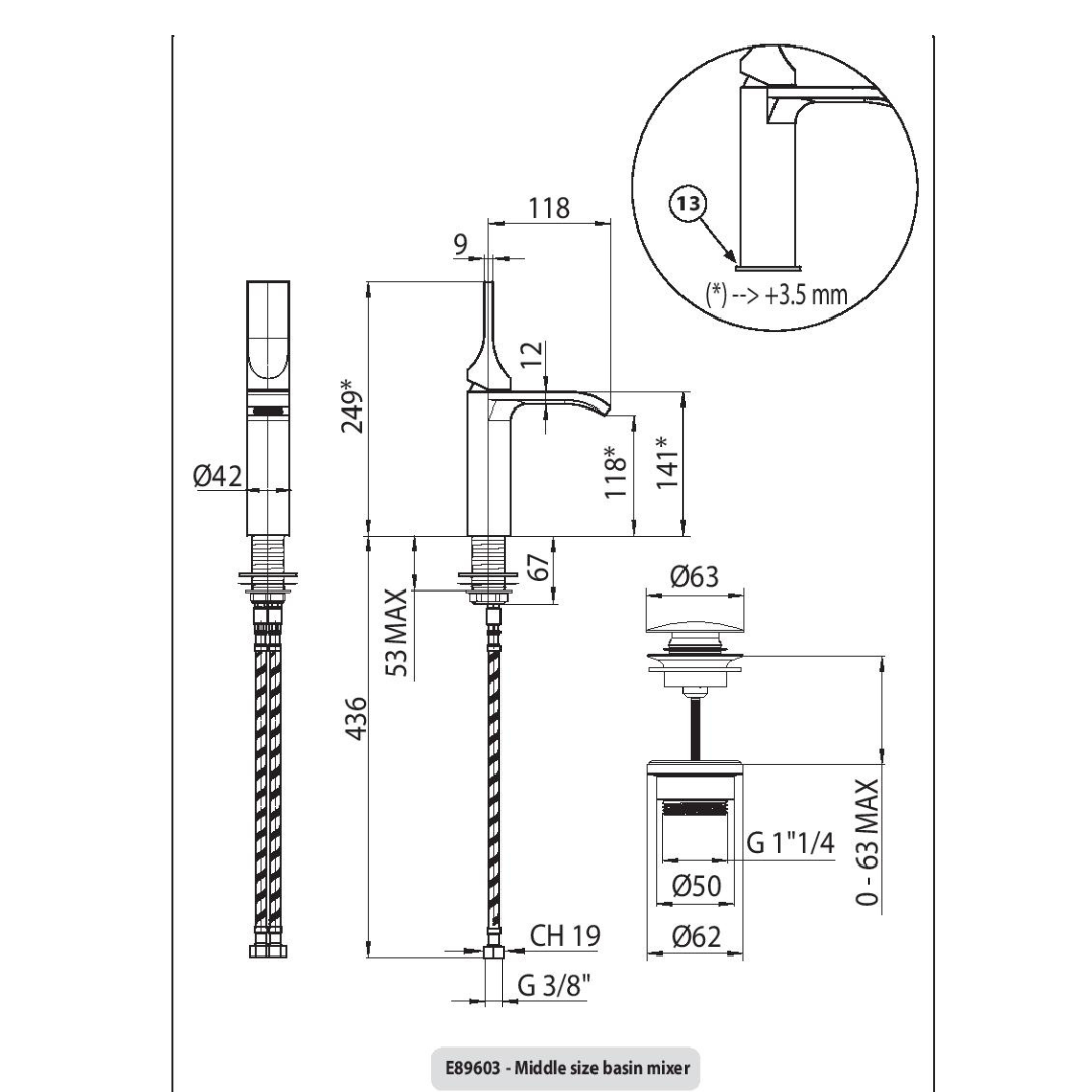 Bossini Apice Miscelatore monocomando lavabo con aeratore rettangolare 28 x 7 mm