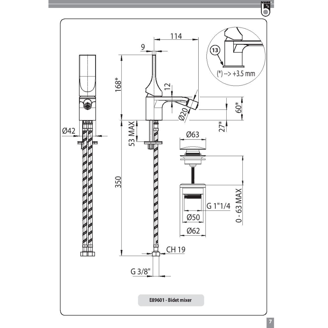 Bossini Apice Miscelatore monocomando bidet con aeratore cilindrico M16,5 x 1. C/Piletta