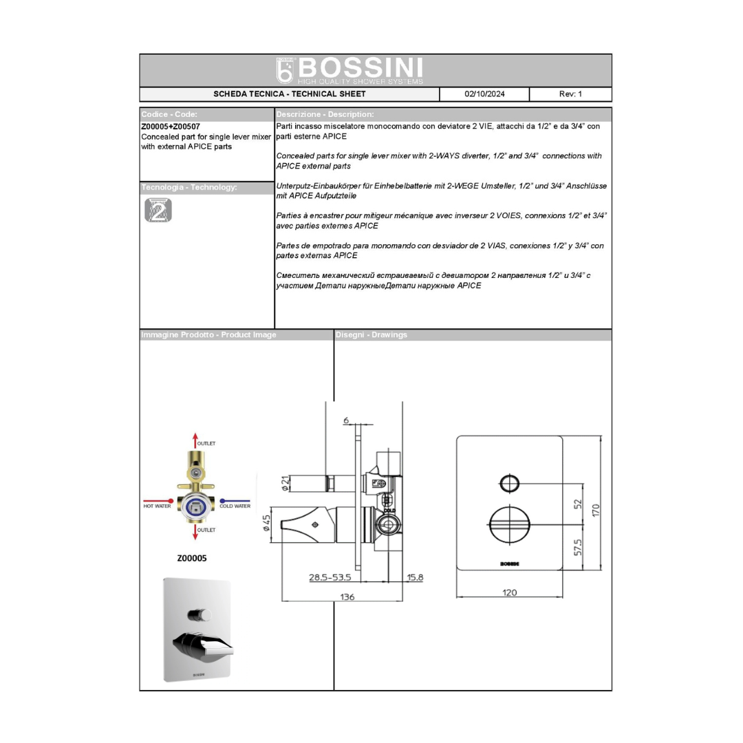 Bossini set doccia Apice miscelatore meccanico design Marcello Ziliani