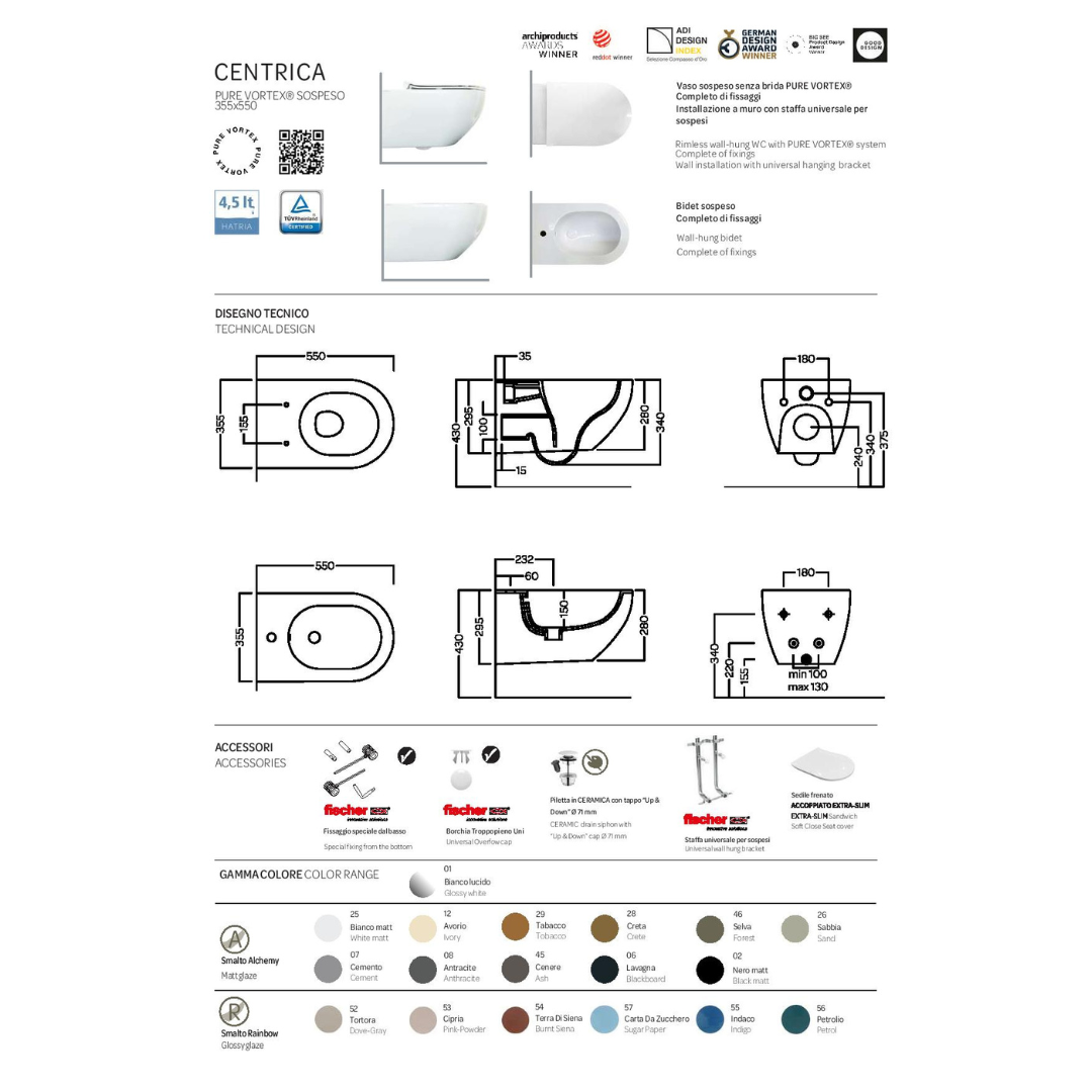 Hatria Centrica vaso Vortex coprivaso bidet sospeso bianco lucido