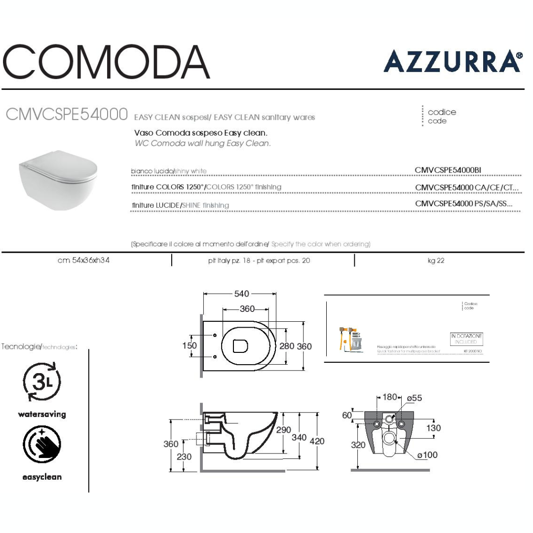 Azzurra Comoda vaso senza brida copri vaso bidet bianco lucido