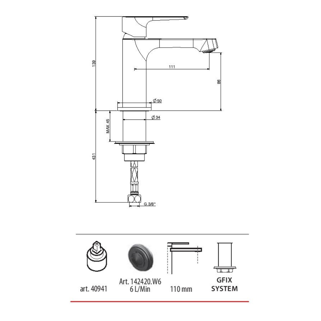 Miscelatore lavabo con flex inox di alimentazione, bocca 110 mm H2omix 3000 Gattoni Rubinetteria
