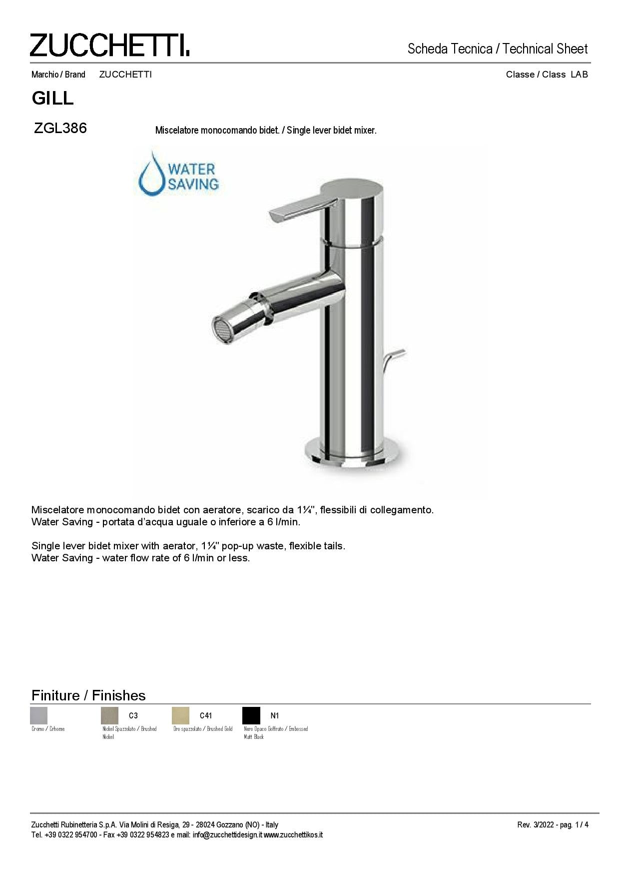 Zucchetti Gill Monoforo conocomando Bidet c/ scarico