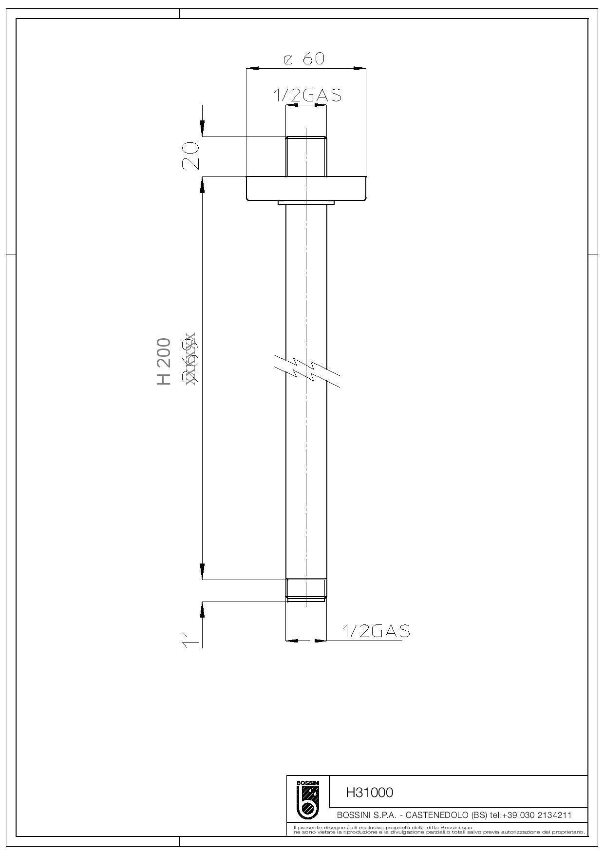 Bossini soffione APICE Ø 280 mm con braccio doccia verticale in ottone Ø 21 x 200 mm 1/2" MM.