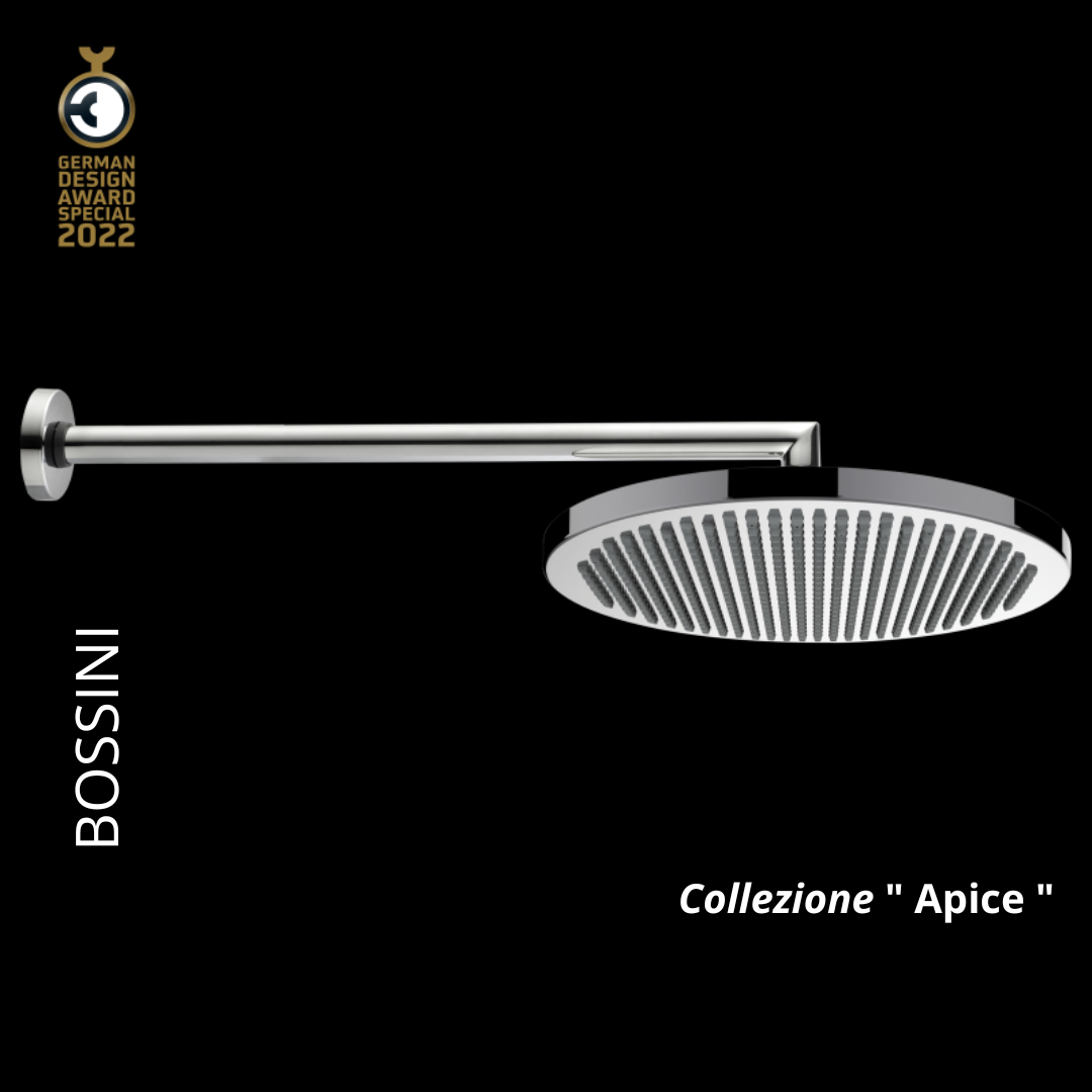 Bossini soffione APICE Ø280 mm e braccio doccia ad angolo in ottone Ø21x350mm 1/2" MM.