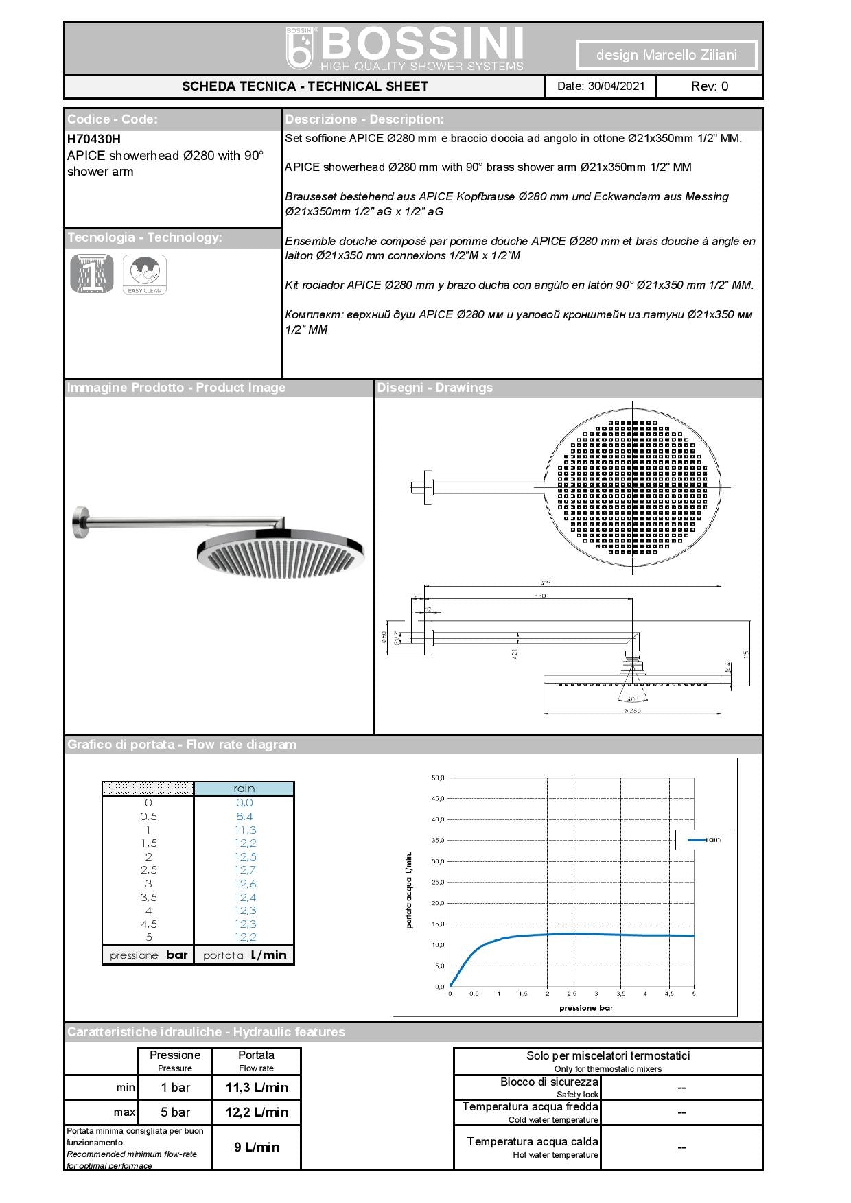 Bossini soffione APICE Ø280 mm e braccio doccia ad angolo in ottone Ø21x350mm 1/2" MM.