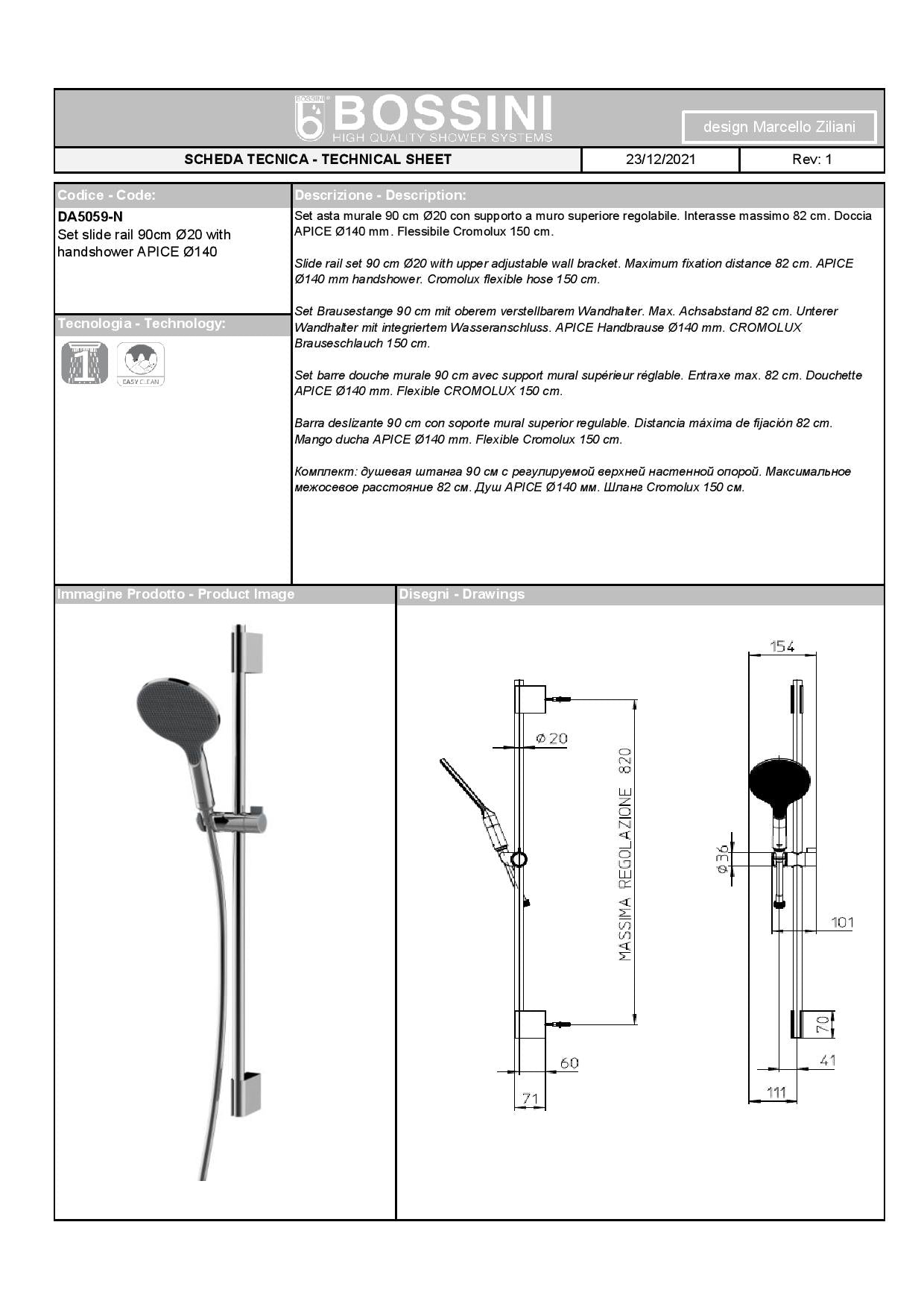 Bossini Apice asta murale 90 cm Ø20 con supporto a muro superiore regolabile