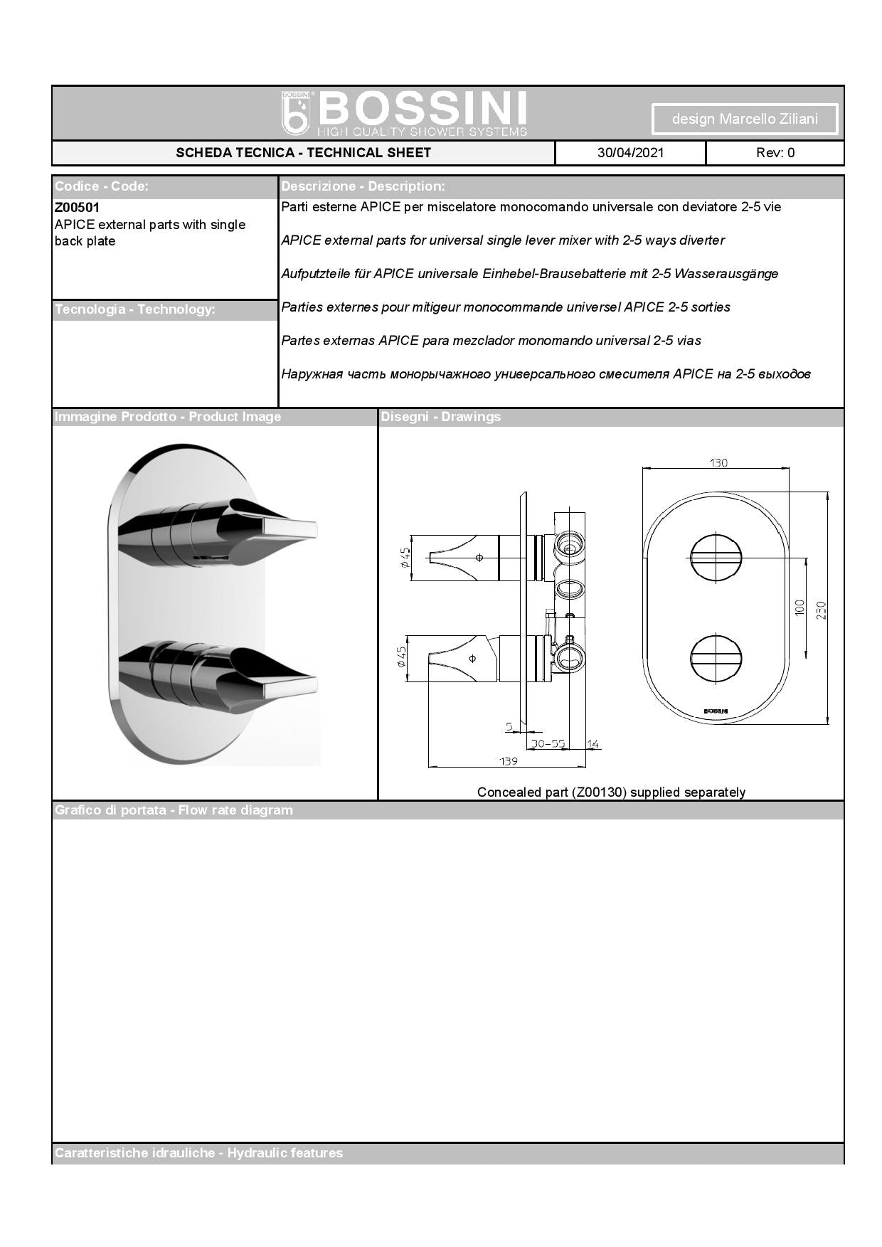 Bossini set doccia Apice miscelatore meccanico design Marcello Ziliani