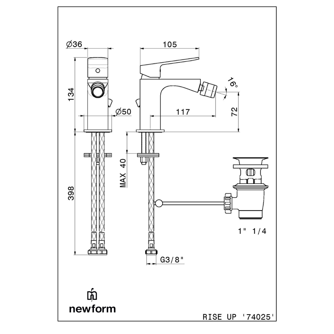 Rubinetto miscelatore per bidet  completo di scarico Rise Up _ NewForm _