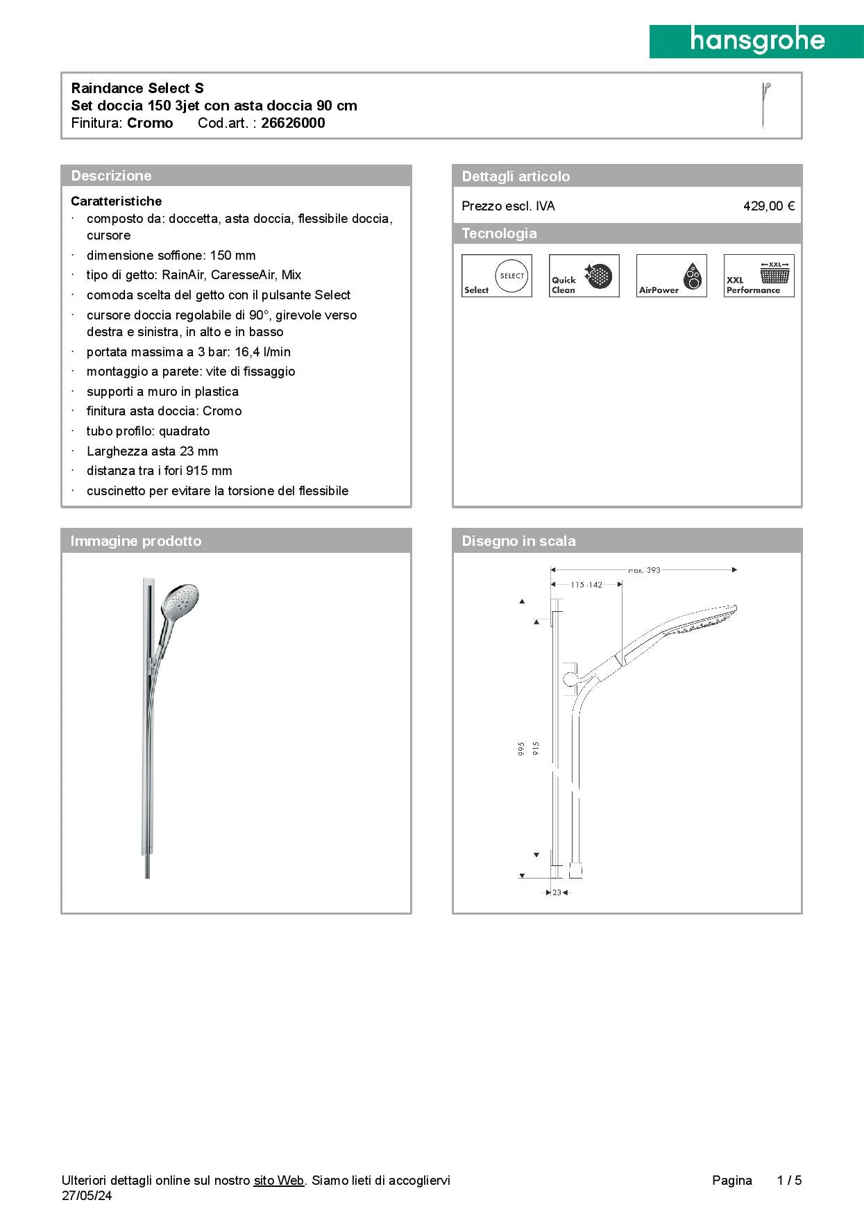 Hansgrohe set doccia Raindance Select S 150 3jet con asta doccia 90 cm + termostatico eterno