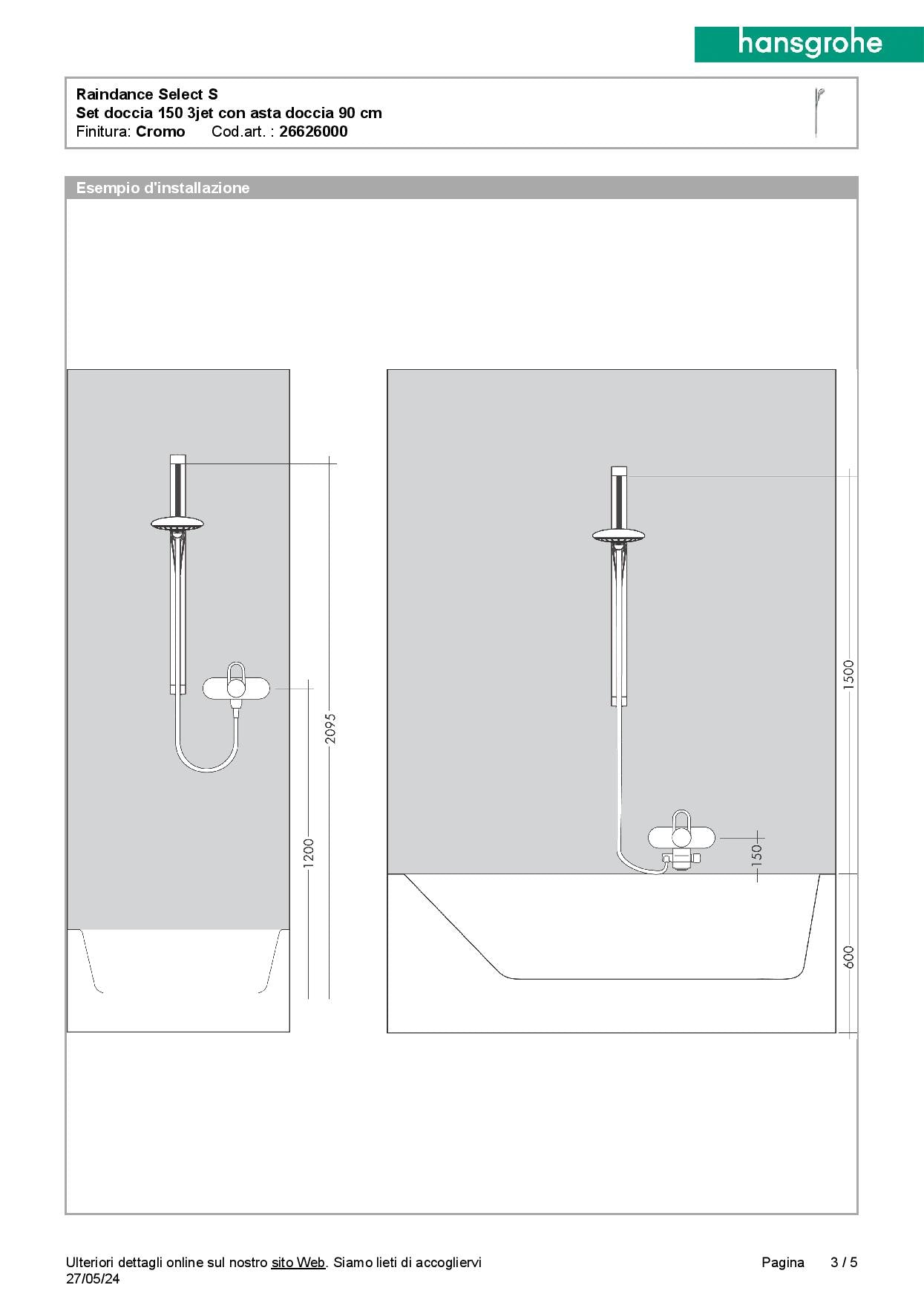 Hansgrohe set doccia Raindance Select S 150 3jet con asta doccia 90 cm + termostatico eterno