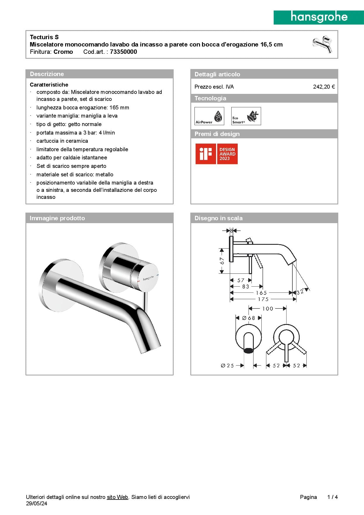 Hansgrohe Tecturis S Lavabo a muro parte esterna + parte incasso  + bidet con salterello