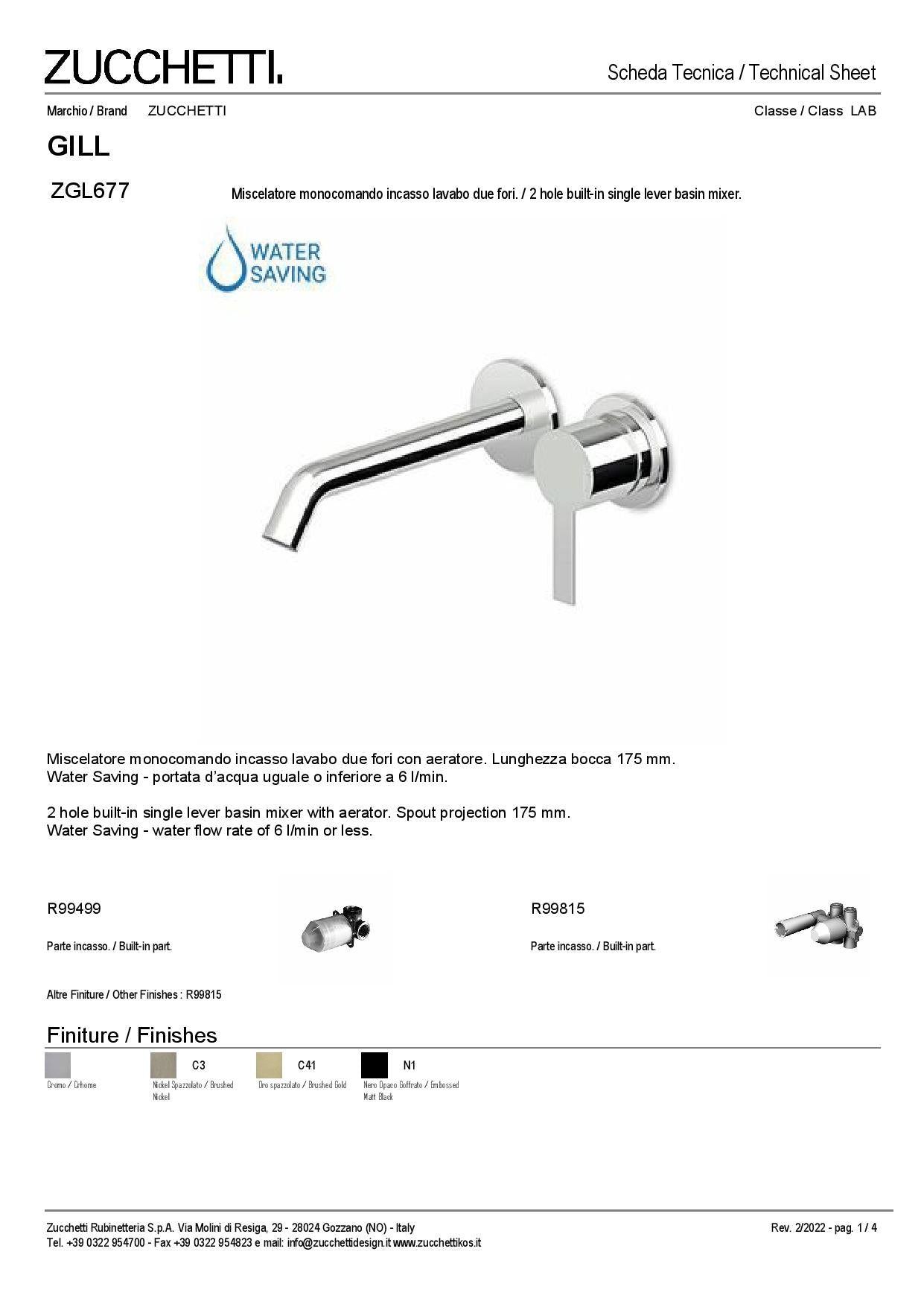 Zucchetti Gill Miscelatore monocomando incasso lavabo due fori con aeratore. Lunghezza bocca 175 mm. Parte Esterna