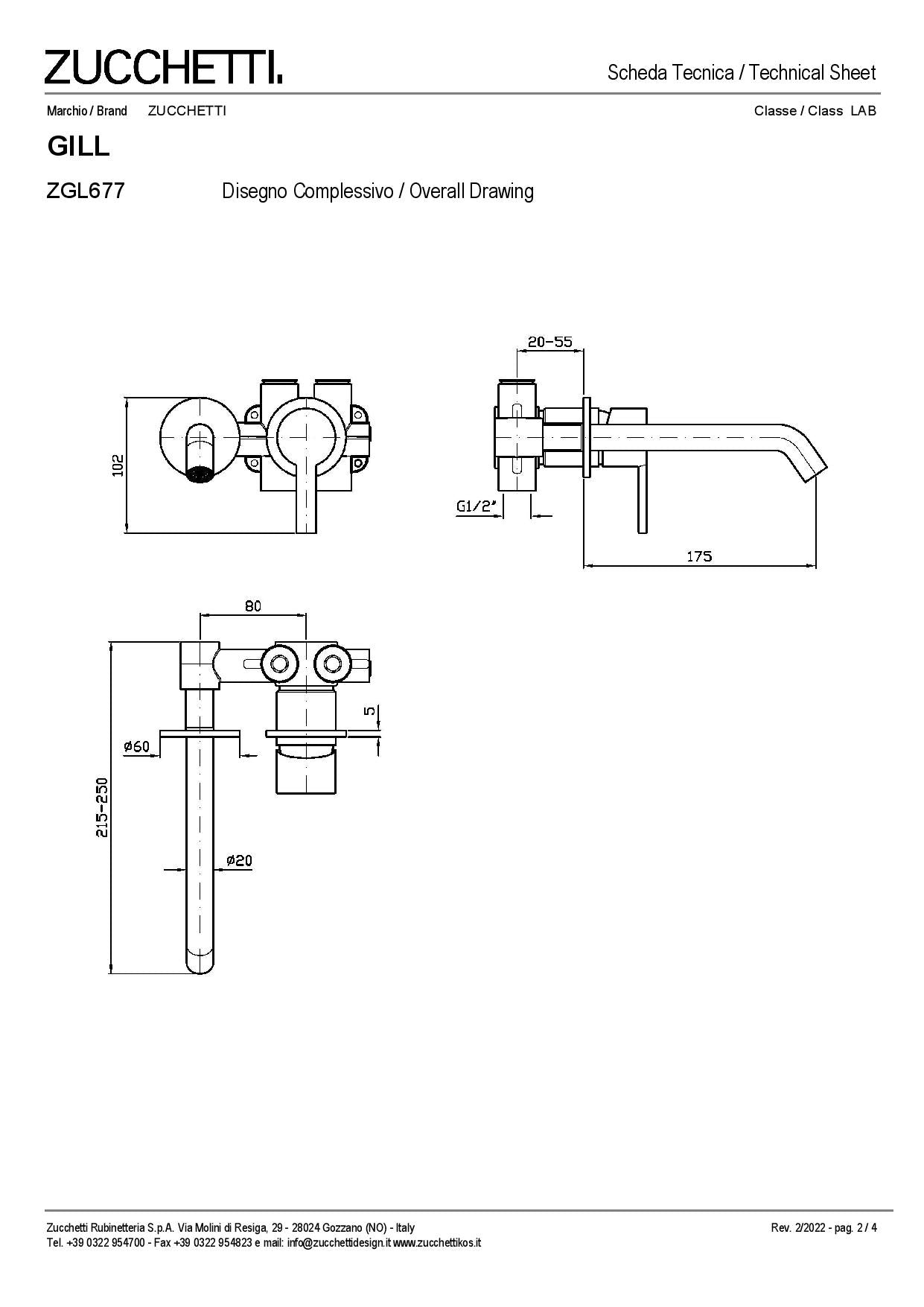 Zucchetti Gill Miscelatore monocomando incasso lavabo due fori con aeratore. Lunghezza bocca 175 mm. Parte Esterna