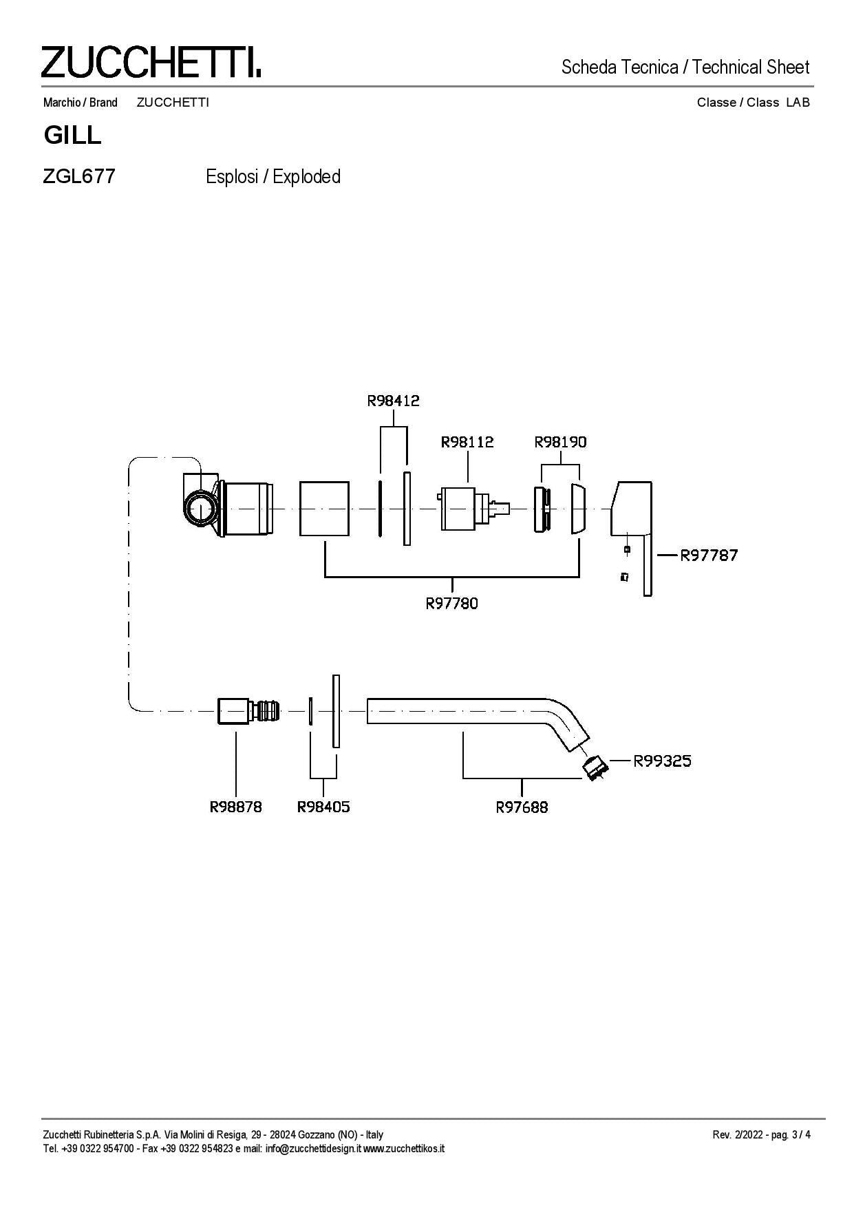 Zucchetti Gill Miscelatore monocomando incasso lavabo due fori con aeratore. Lunghezza bocca 175 mm. Parte Esterna