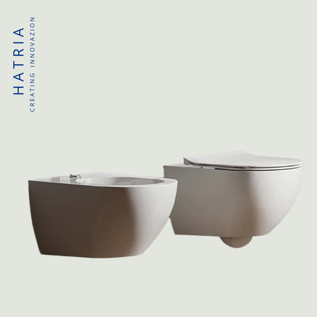 Sanitari sospesi Hatria Centrica vaso Vortex, copri vaso rallentato,  bidet bianco lucido