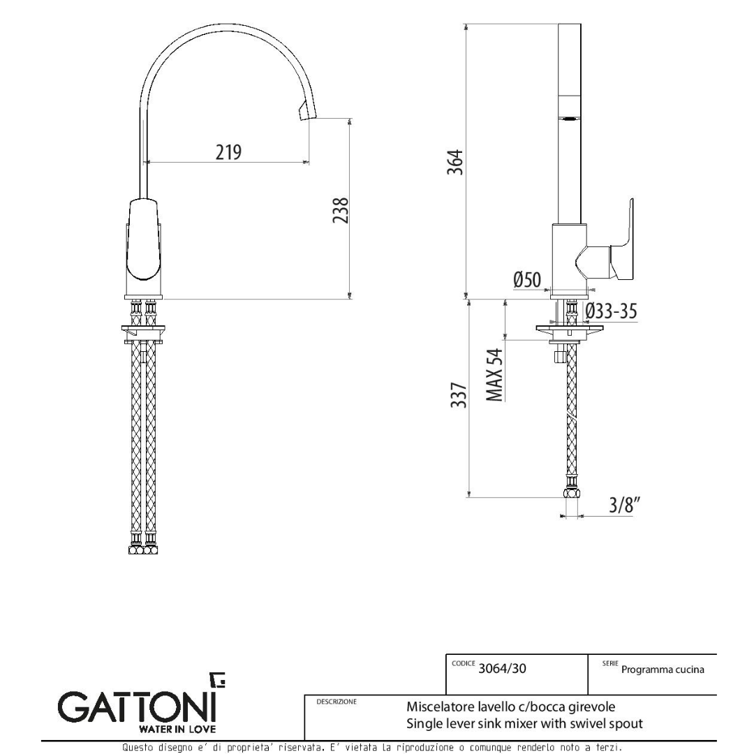 Rubinetto cucina miscelatore monoforo lavello canna piatta girevole
