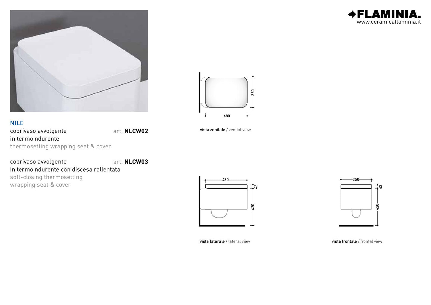 Flaminia NILE set sanitari sospesi, Vaso, Copri vaso rallentato, Bidet