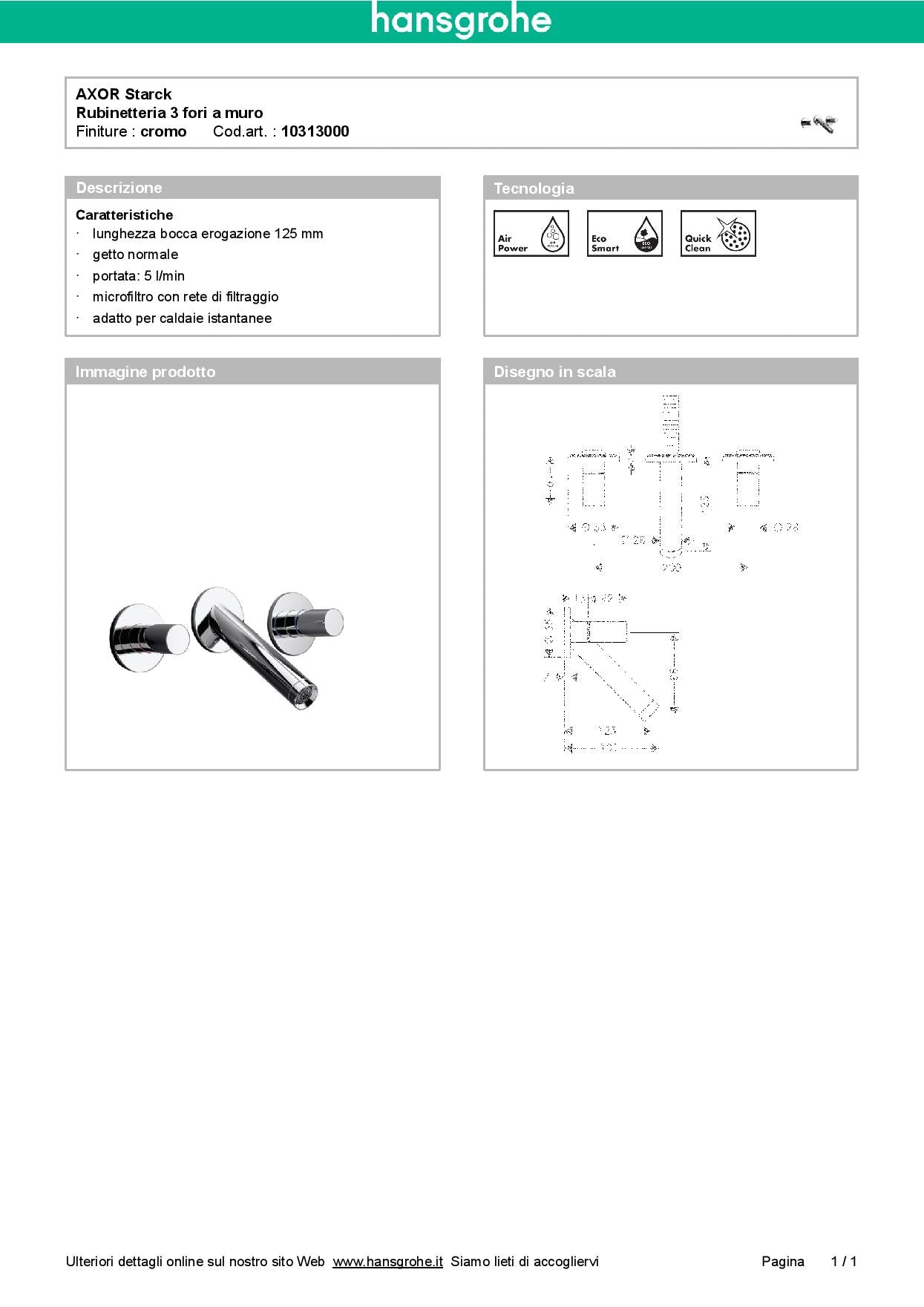 Hansgrohe Axor Starck lavabo tre fori a muro