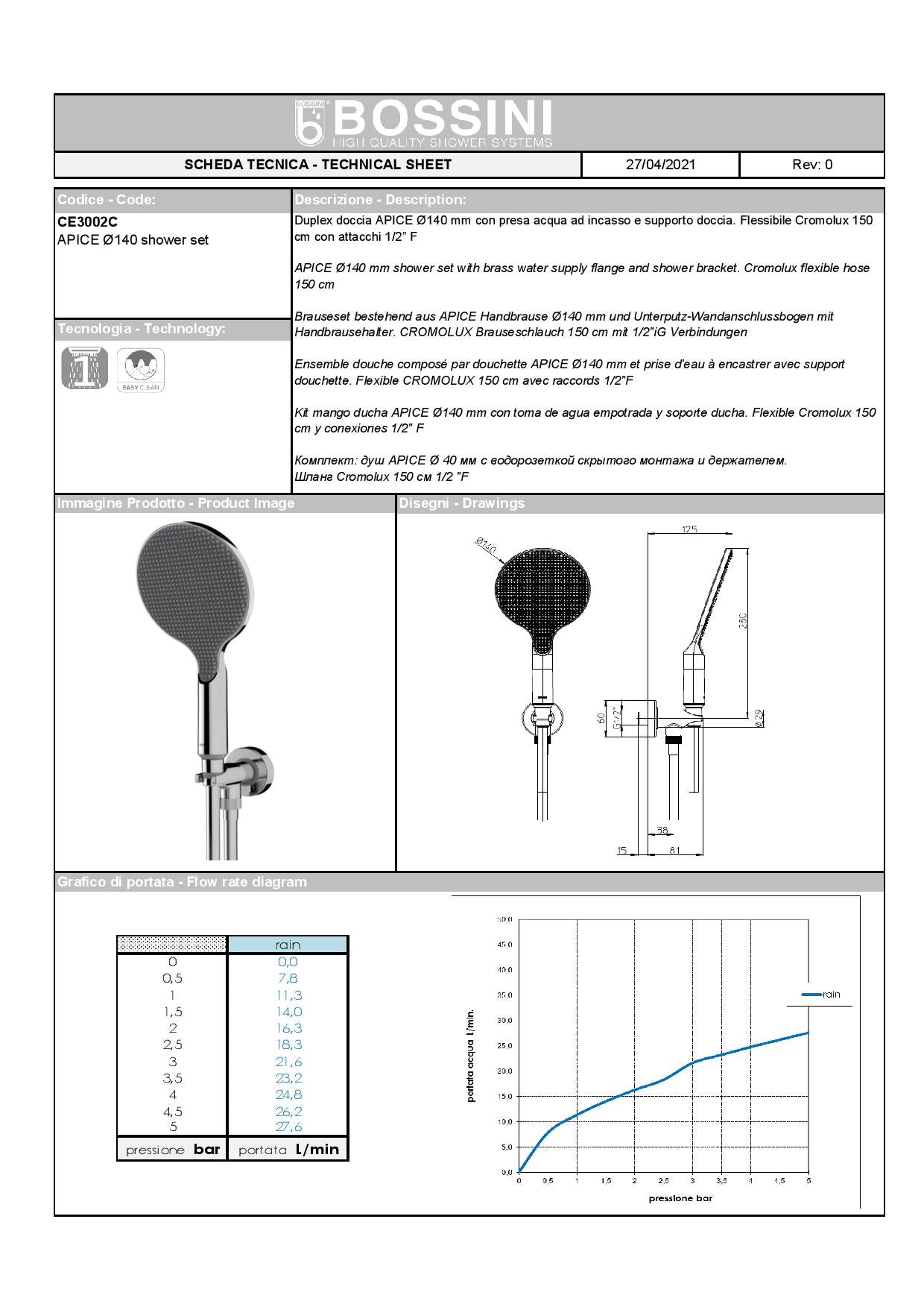 Bossini Duplex doccia APICE Ø140 mm con presa acqua ad incasso, supporto doccia, e Flessibile
